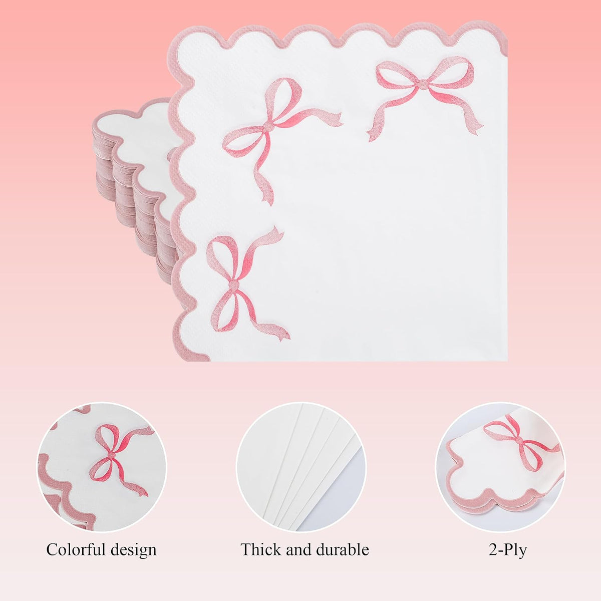 100 Pink Bow Scalloped Paper Napkins Disposable Party Napkin 6.5in