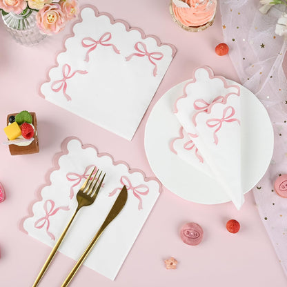 100 Pink Bow Scalloped Paper Napkins Disposable Party Napkin 6.5in