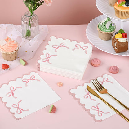 100 Pink Bow Scalloped Paper Napkins Disposable Party Napkin 6.5in