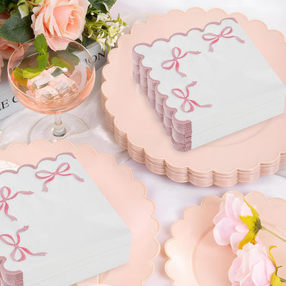 100 Pink Bow Scalloped Paper Napkins Disposable Party Napkin 6.5in