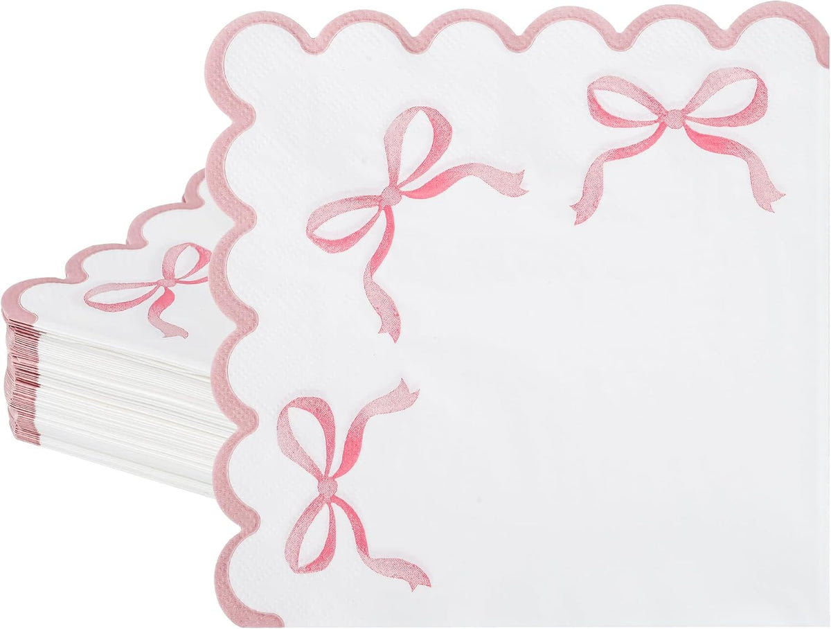 100 Pink Bow Scalloped Paper Napkins Disposable Party Napkin 6.5in