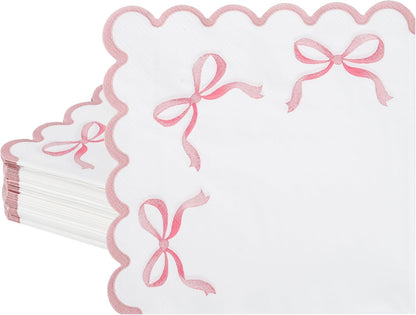 100 Pink Bow Scalloped Paper Napkins Disposable Party Napkin 6.5in