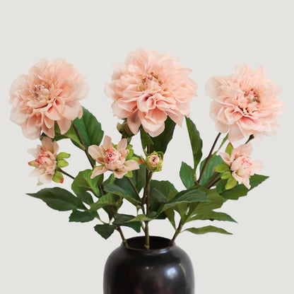 KBREE Dahlia Artificial Flowers, 3 Pcs Real Touch Blush Pink Flowers, 24.3” Long Stem Faux Dahlias in Natural Tones, Large Bloom Stems for Wedding Bouquet DIY, Table Centerpiece & Home Office Decor