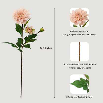 KBREE Dahlia Artificial Flowers, 3 Pcs Real Touch Blush Pink Flowers, 24.3” Long Stem Faux Dahlias in Natural Tones, Large Bloom Stems for Wedding Bouquet DIY, Table Centerpiece & Home Office Decor