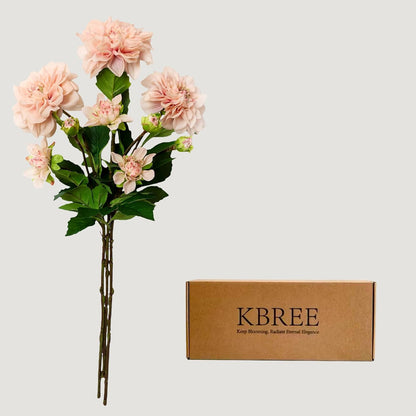 KBREE Dahlia Artificial Flowers, 3 Pcs Real Touch Blush Pink Flowers, 24.3” Long Stem Faux Dahlias in Natural Tones, Large Bloom Stems for Wedding Bouquet DIY, Table Centerpiece & Home Office Decor
