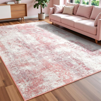 Washable Abstract Small Area Rug for Bedroom, 3x5 Rugs Pink