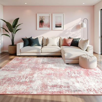 Washable Abstract Small Area Rug for Bedroom, 3x5 Rugs Pink