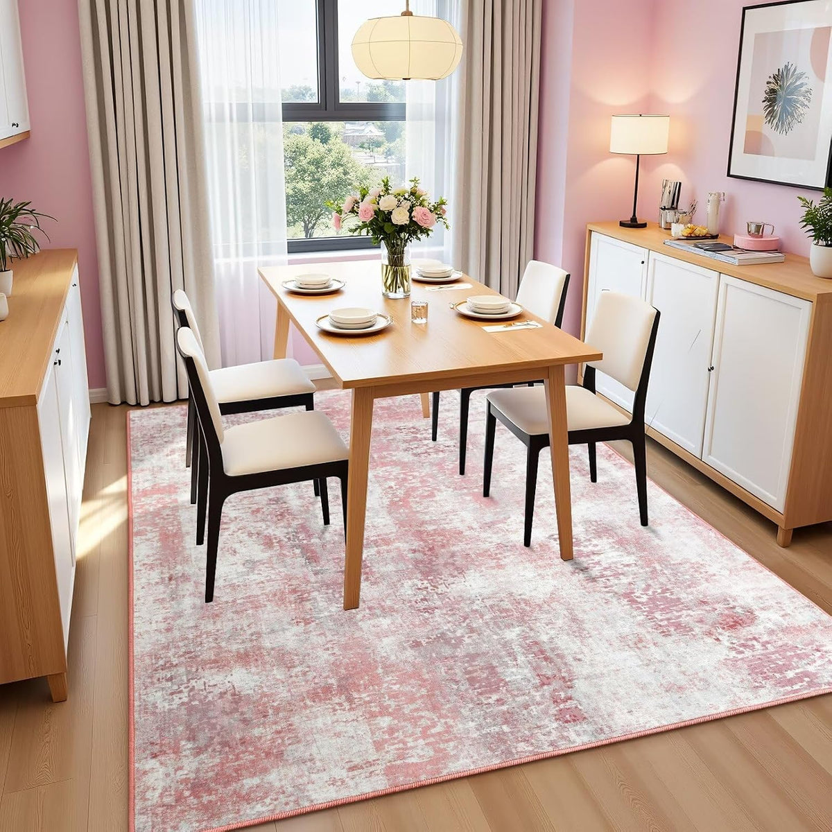 Washable Abstract Small Area Rug for Bedroom, 3x5 Rugs Pink