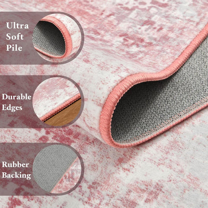 Washable Abstract Small Area Rug for Bedroom, 3x5 Rugs Pink