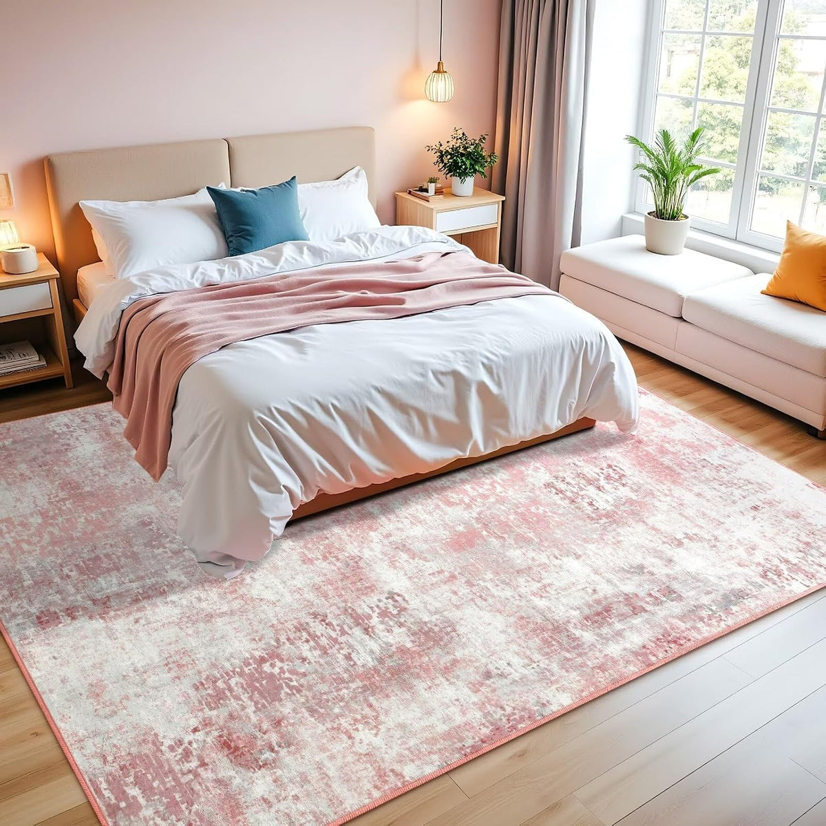 Washable Abstract Small Area Rug for Bedroom, 3x5 Rugs Pink