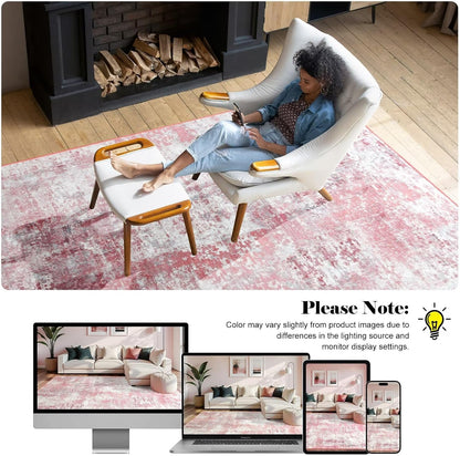 Washable Abstract Small Area Rug for Bedroom, 3x5 Rugs Pink