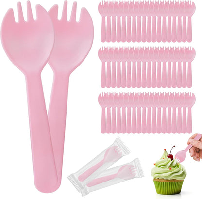 100pcs Mini Pinl Spork, 4.2 Inch Individually Wrapped Plastic Small Cutlery, Compact Disposable Fork Spoon Combo for Cake, Appetizer, Snacks, Dessert Bar, Parties, Travel Use