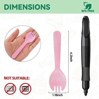 100pcs Mini Pinl Spork, 4.2 Inch Individually Wrapped Plastic Small Cutlery, Compact Disposable Fork Spoon Combo for Cake, Appetizer, Snacks, Dessert Bar, Parties, Travel Use