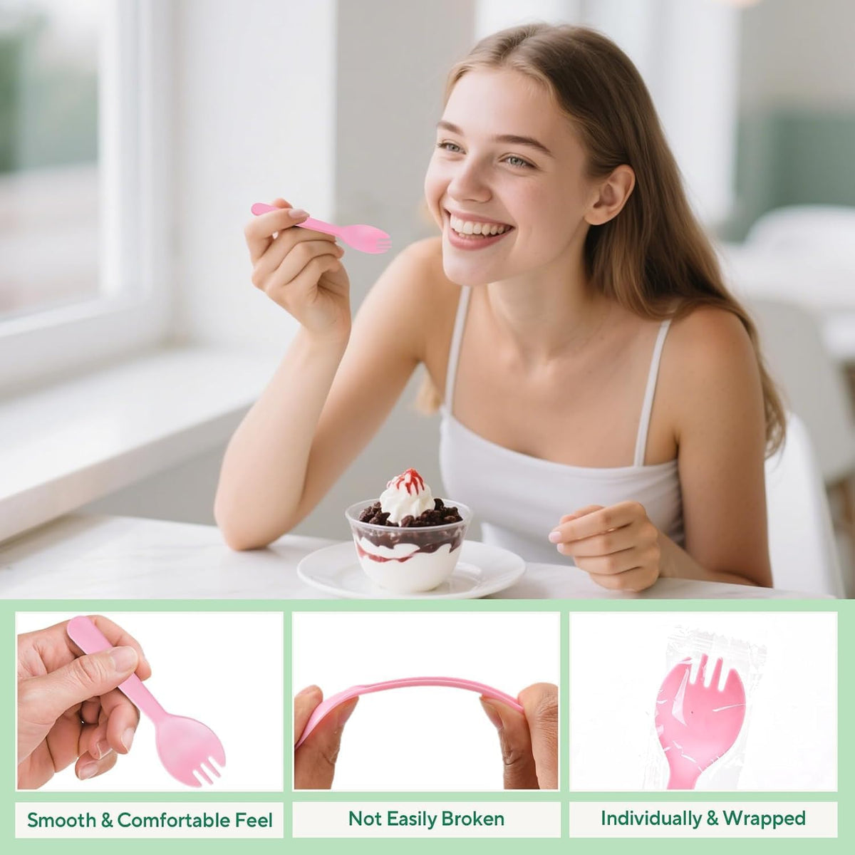 100pcs Mini Pinl Spork, 4.2 Inch Individually Wrapped Plastic Small Cutlery, Compact Disposable Fork Spoon Combo for Cake, Appetizer, Snacks, Dessert Bar, Parties, Travel Use