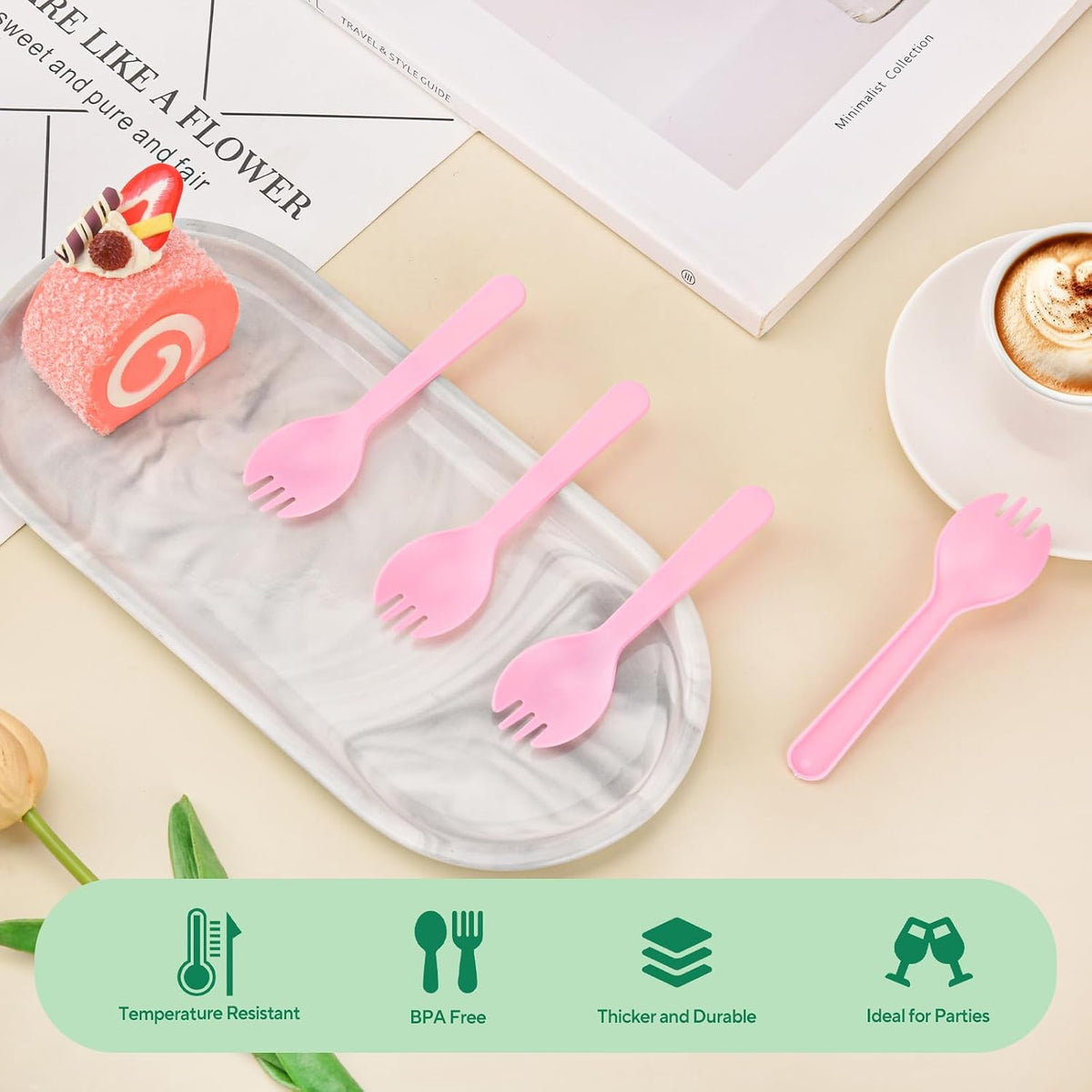 100pcs Mini Pinl Spork, 4.2 Inch Individually Wrapped Plastic Small Cutlery, Compact Disposable Fork Spoon Combo for Cake, Appetizer, Snacks, Dessert Bar, Parties, Travel Use