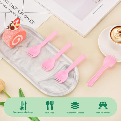 100pcs Mini Pinl Spork, 4.2 Inch Individually Wrapped Plastic Small Cutlery, Compact Disposable Fork Spoon Combo for Cake, Appetizer, Snacks, Dessert Bar, Parties, Travel Use