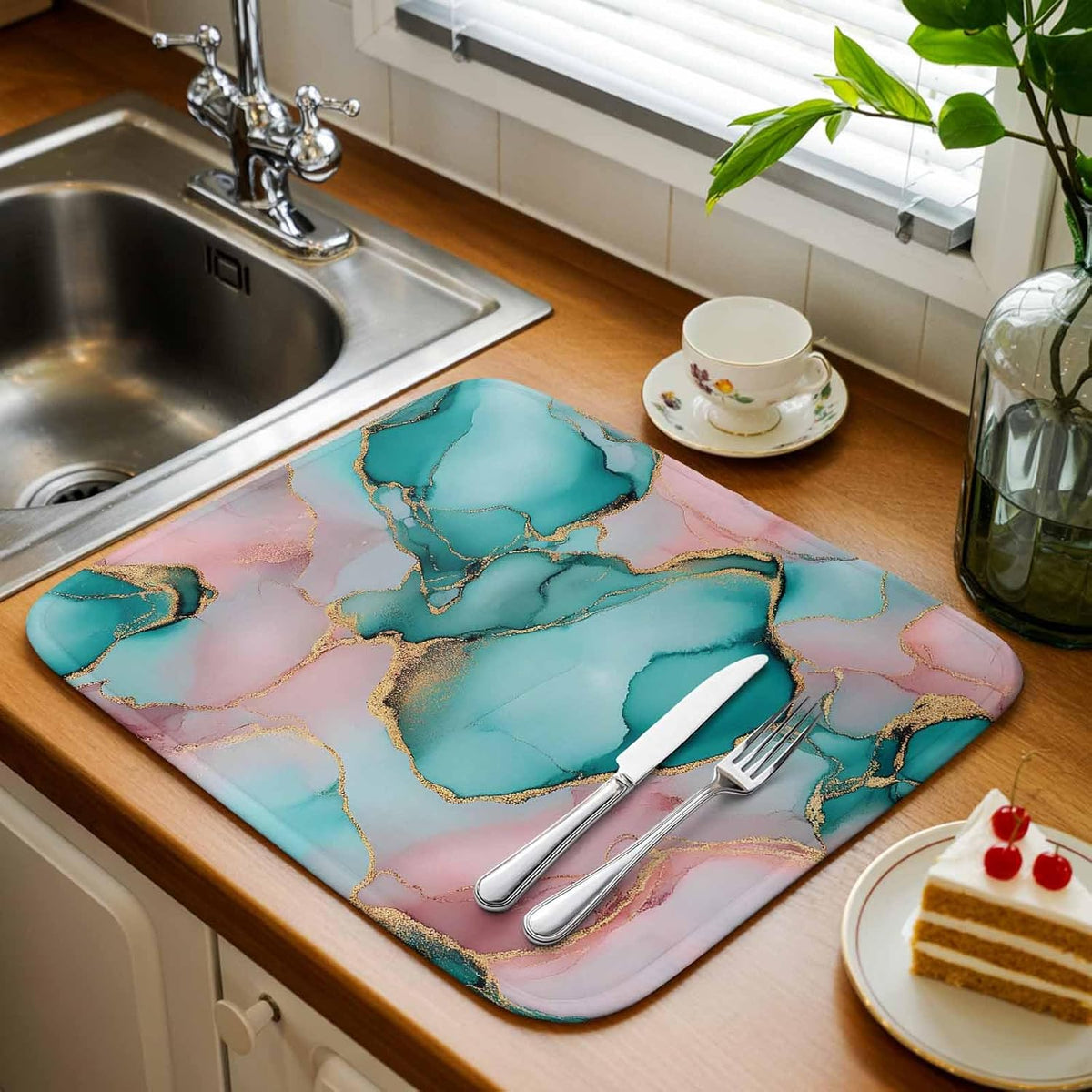 Dish Drying Mat Pink Water Marble Kitchen Counter Drying Pad for Dishes Glasses Cups and Cookware Abstract Art Absorbent Dish Drying Mat Machine Washable Kitchen Accessories 16" x 18"