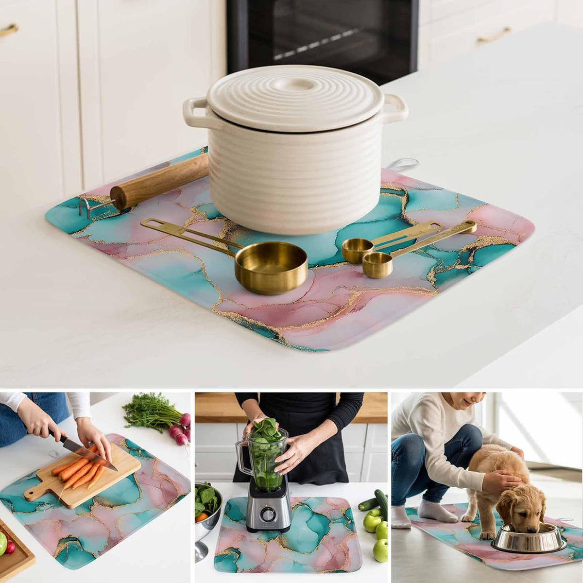 Dish Drying Mat Pink Water Marble Kitchen Counter Drying Pad for Dishes Glasses Cups and Cookware Abstract Art Absorbent Dish Drying Mat Machine Washable Kitchen Accessories 16" x 18"