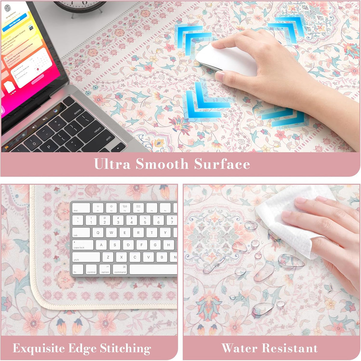 Pink Desk Matt, 35.4" x 15.7" Floral Mousepad for School Desk Use