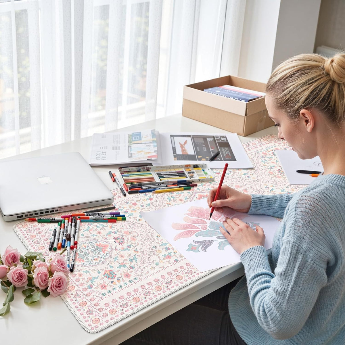 Pink Desk Matt, 35.4" x 15.7" Floral Mousepad for School Desk Use