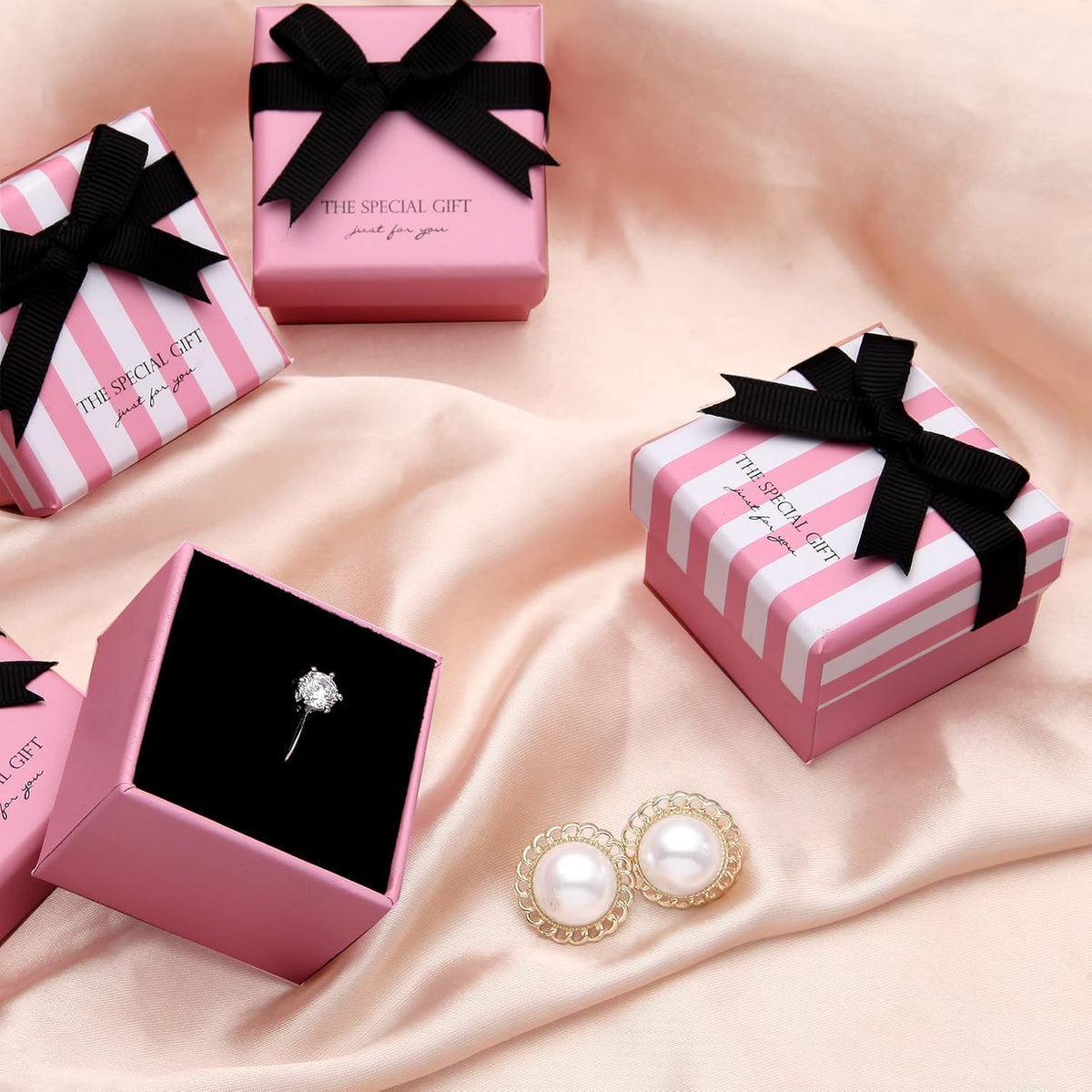 24 Pcs Jewelry Gift Boxes Cardboard Jewelry Boxes Packaging Pink Square Gift Box for Ring Badge Brooch Earring Display (pink with white stripes)