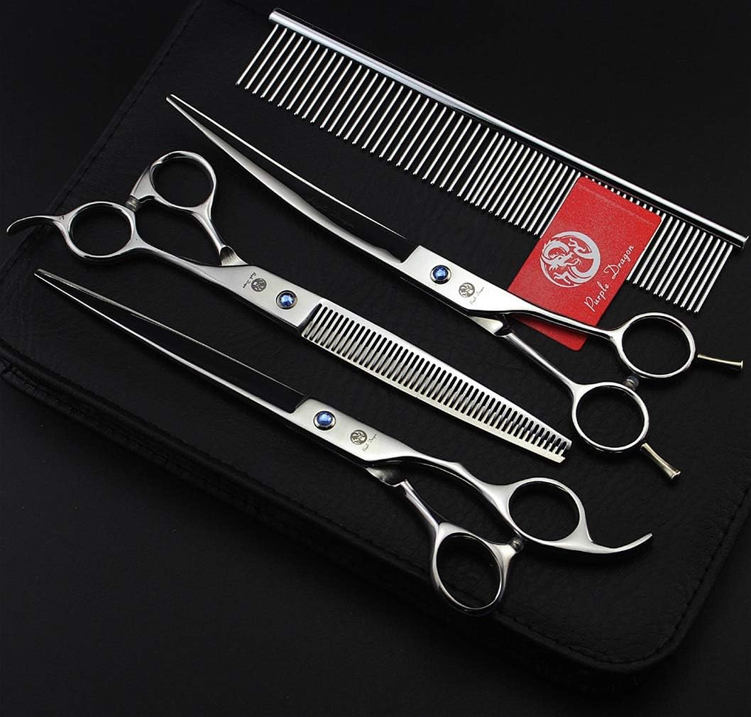 Purple Dragon 8.0 inch Dog Hair Cutting, Curved and Thinning Scissor Shears Pet Grooming Tool Kit