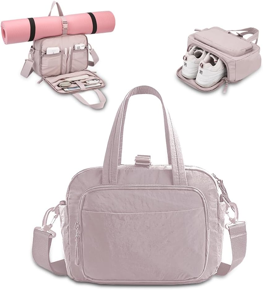 mini gym bag for women, travel duffel bag with wet pockets and Shoe Compartment,Lightweight carry on weekender duffel, water resistant,for sports,yoga,dance,pink