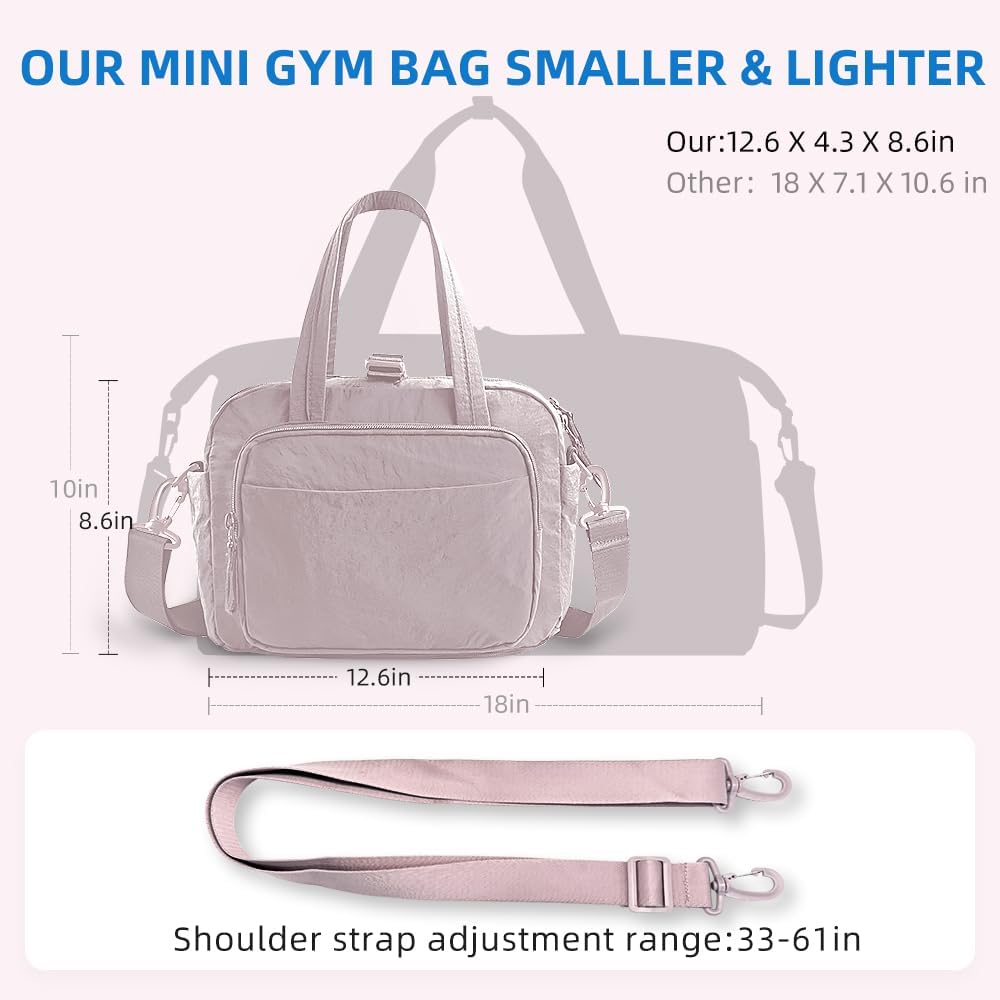 mini gym bag for women, travel duffel bag with wet pockets and Shoe Compartment,Lightweight carry on weekender duffel, water resistant,for sports,yoga,dance,pink
