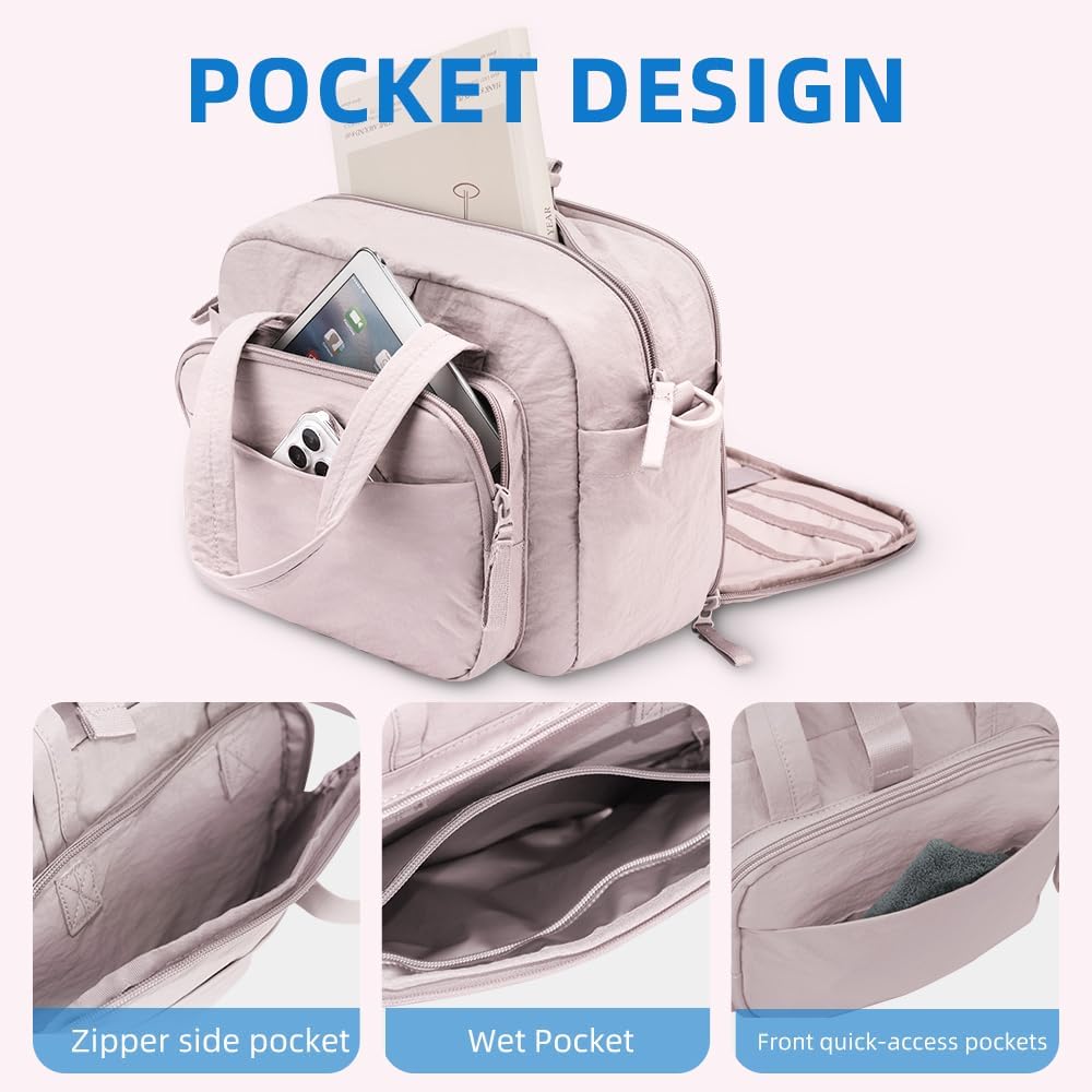 mini gym bag for women, travel duffel bag with wet pockets and Shoe Compartment,Lightweight carry on weekender duffel, water resistant,for sports,yoga,dance,pink