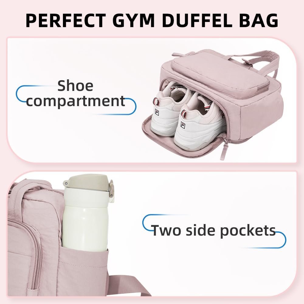 mini gym bag for women, travel duffel bag with wet pockets and Shoe Compartment,Lightweight carry on weekender duffel, water resistant,for sports,yoga,dance,pink