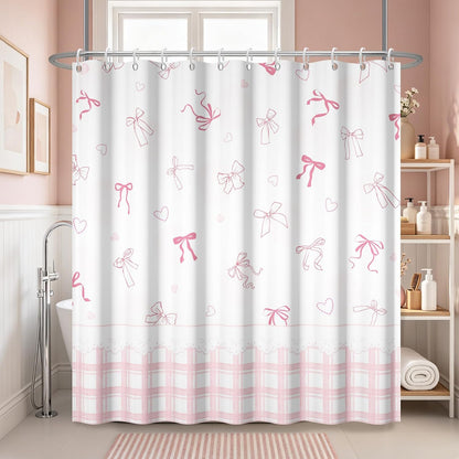 Cute Bow Shower Curtain Pink Striped Gingham Girly Shower Curtain Set for Bathroom Sweet Heart Plaid Modern Waterproof Fabric Bath Curtains with Hooks for Women Girls 72 X 72 Inch