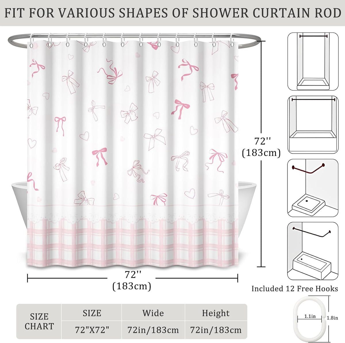 Cute Bow Shower Curtain Pink Striped Gingham Girly Shower Curtain Set for Bathroom Sweet Heart Plaid Modern Waterproof Fabric Bath Curtains with Hooks for Women Girls 72 X 72 Inch