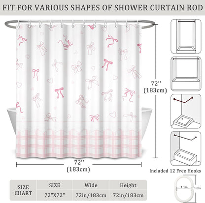 Cute Bow Shower Curtain Pink Striped Gingham Girly Shower Curtain Set for Bathroom Sweet Heart Plaid Modern Waterproof Fabric Bath Curtains with Hooks for Women Girls 72 X 72 Inch