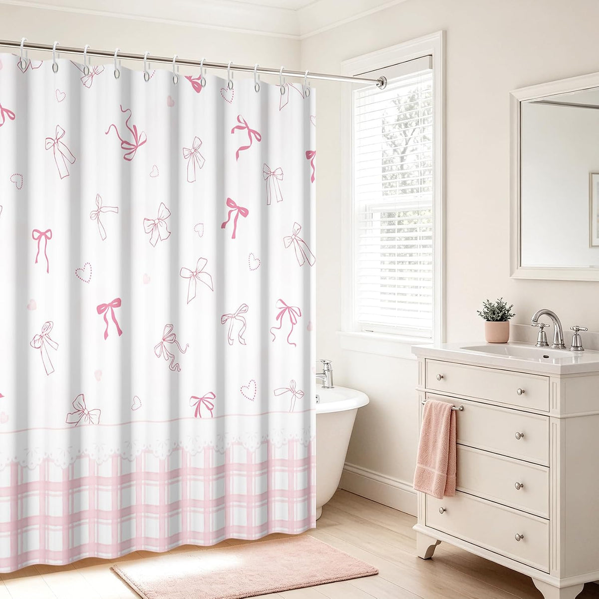 Cute Bow Shower Curtain Pink Striped Gingham Girly Shower Curtain Set for Bathroom Sweet Heart Plaid Modern Waterproof Fabric Bath Curtains with Hooks for Women Girls 72 X 72 Inch