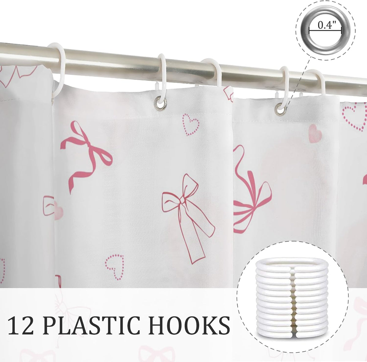 Cute Bow Shower Curtain Pink Striped Gingham Girly Shower Curtain Set for Bathroom Sweet Heart Plaid Modern Waterproof Fabric Bath Curtains with Hooks for Women Girls 72 X 72 Inch