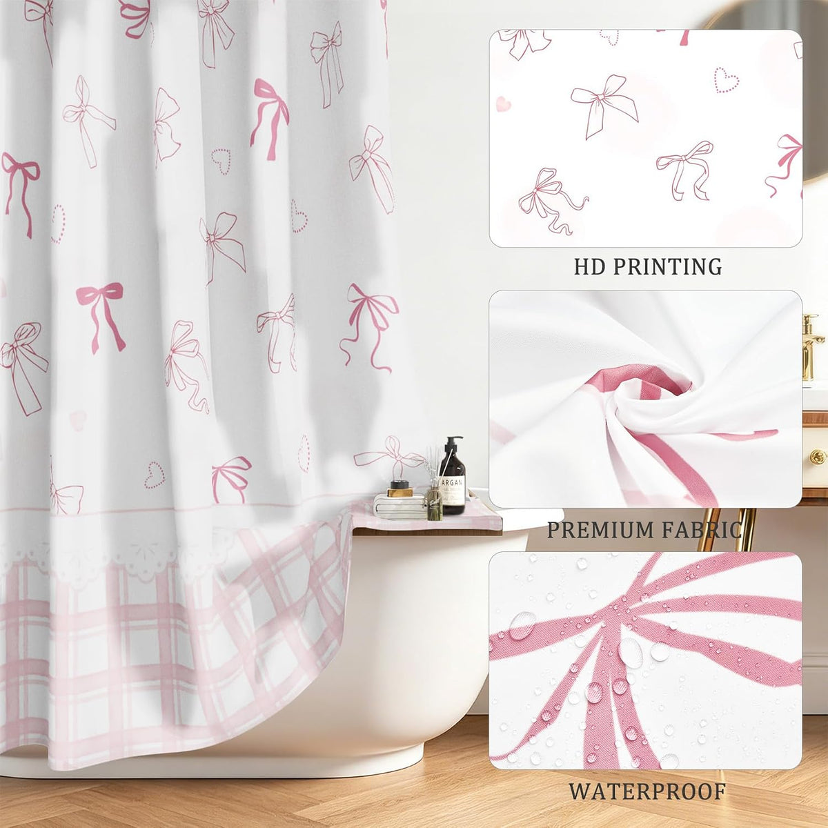 Cute Bow Shower Curtain Pink Striped Gingham Girly Shower Curtain Set for Bathroom Sweet Heart Plaid Modern Waterproof Fabric Bath Curtains with Hooks for Women Girls 72 X 72 Inch