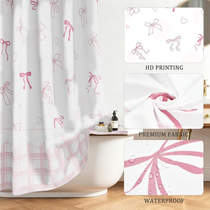 Cute Bow Shower Curtain Pink Striped Gingham Girly Shower Curtain Set for Bathroom Sweet Heart Plaid Modern Waterproof Fabric Bath Curtains with Hooks for Women Girls 72 X 72 Inch