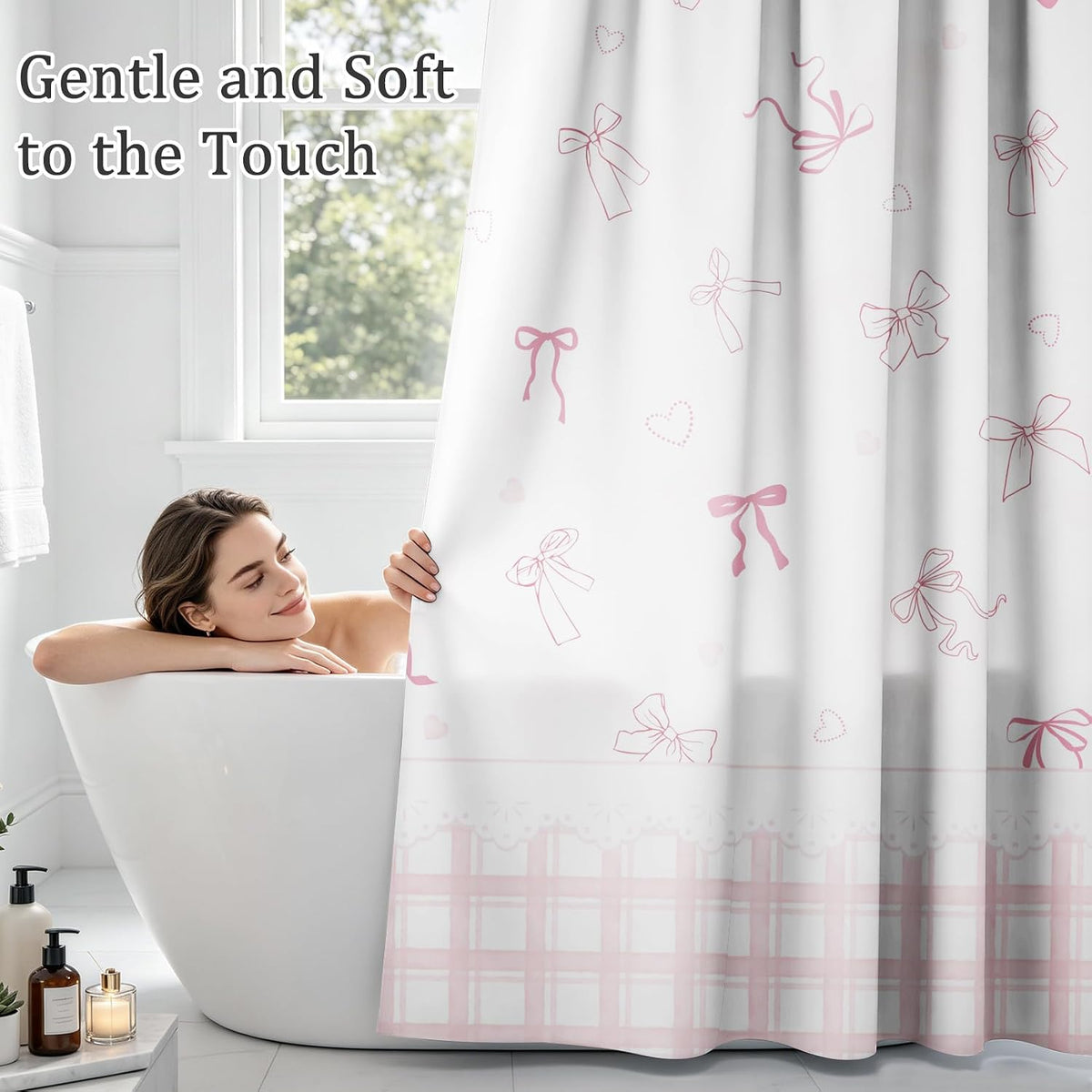 Cute Bow Shower Curtain Pink Striped Gingham Girly Shower Curtain Set for Bathroom Sweet Heart Plaid Modern Waterproof Fabric Bath Curtains with Hooks for Women Girls 72 X 72 Inch