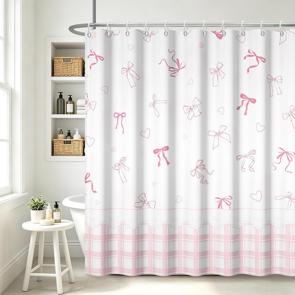 Cute Bow Shower Curtain Pink Striped Gingham Girly Shower Curtain Set for Bathroom Sweet Heart Plaid Modern Waterproof Fabric Bath Curtains with Hooks for Women Girls 72 X 72 Inch