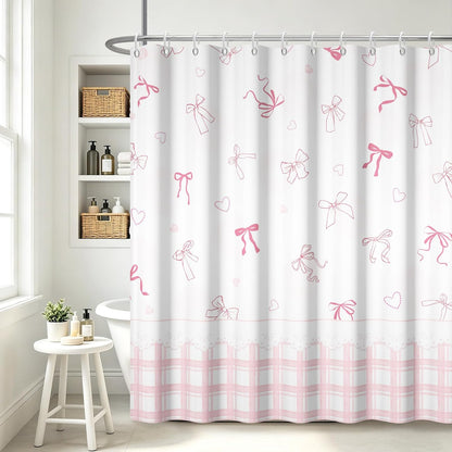 Cute Bow Shower Curtain Pink Striped Gingham Girly Shower Curtain Set for Bathroom Sweet Heart Plaid Modern Waterproof Fabric Bath Curtains with Hooks for Women Girls 72 X 72 Inch