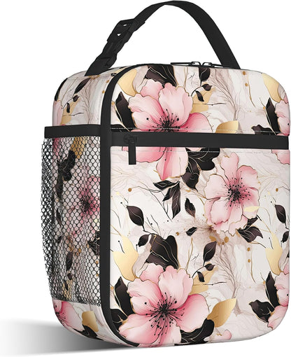 Insulated Lunch Bag,Pink Flowers Durable Lightweight Lunch Box for Kids,Gold Floral Portable Thermal Picnic Cool Bags Girls Boys School Daycare,Work,Camping