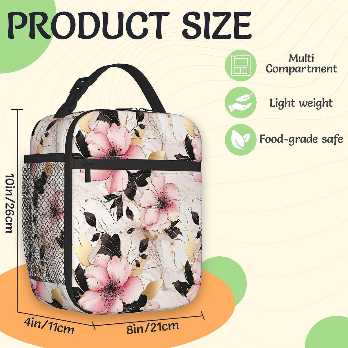 Insulated Lunch Bag,Pink Flowers Durable Lightweight Lunch Box for Kids,Gold Floral Portable Thermal Picnic Cool Bags Girls Boys School Daycare,Work,Camping