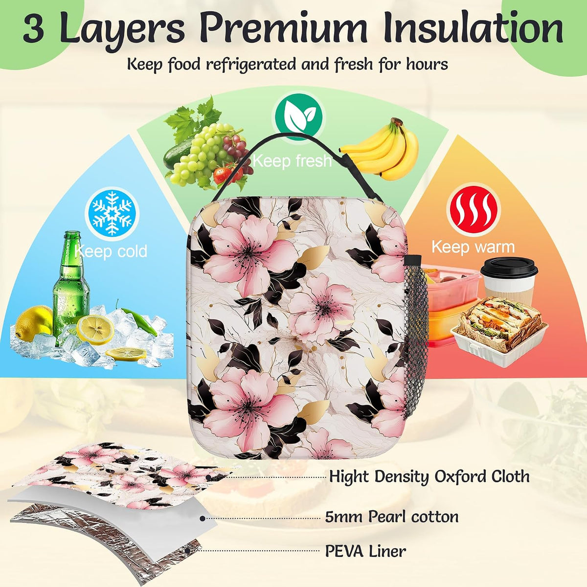 Insulated Lunch Bag,Pink Flowers Durable Lightweight Lunch Box for Kids,Gold Floral Portable Thermal Picnic Cool Bags Girls Boys School Daycare,Work,Camping
