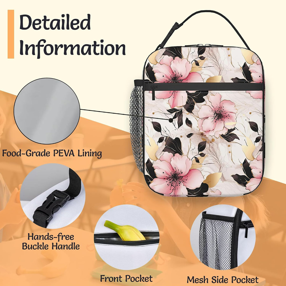 Insulated Lunch Bag,Pink Flowers Durable Lightweight Lunch Box for Kids,Gold Floral Portable Thermal Picnic Cool Bags Girls Boys School Daycare,Work,Camping