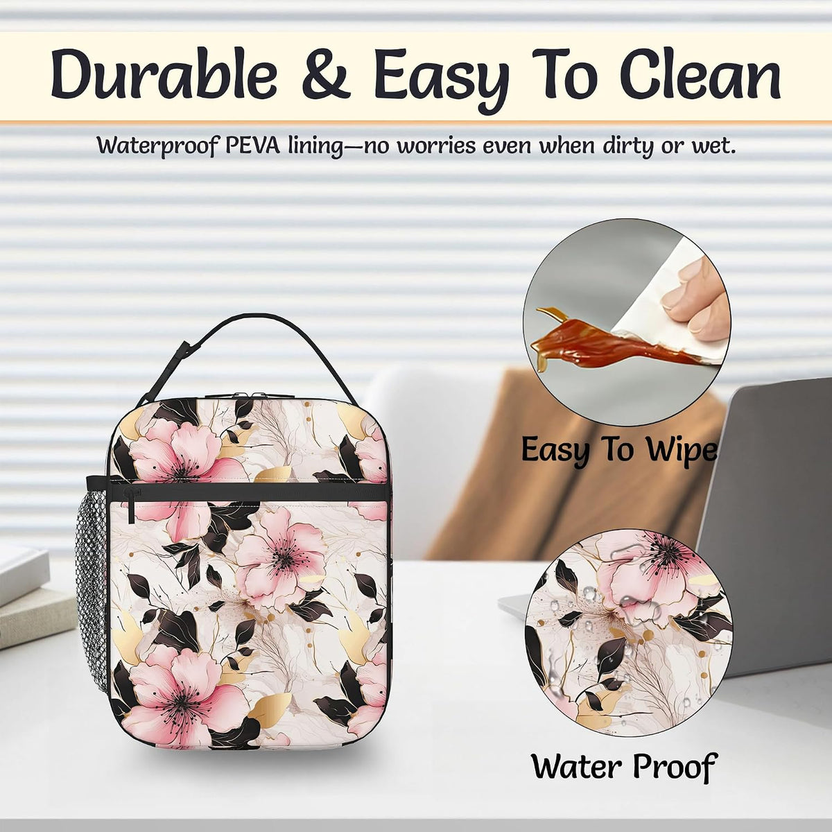 Insulated Lunch Bag,Pink Flowers Durable Lightweight Lunch Box for Kids,Gold Floral Portable Thermal Picnic Cool Bags Girls Boys School Daycare,Work,Camping