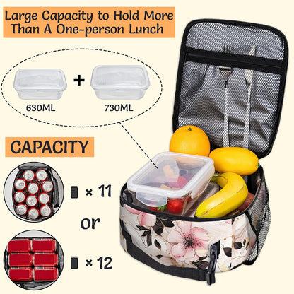 Insulated Lunch Bag,Pink Flowers Durable Lightweight Lunch Box for Kids,Gold Floral Portable Thermal Picnic Cool Bags Girls Boys School Daycare,Work,Camping