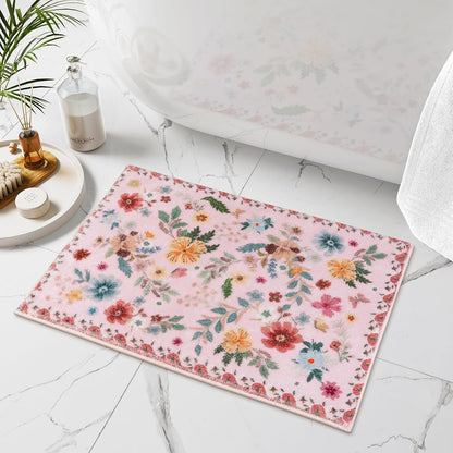 Bath Mats for Bathroom, Cute Pink Bathroom Rugs, Modern Ultra-Soft Non-Slip Bath Rug, Machine Washable Farmhouse Floral Toilet Rug for Sink Shower Door Mat, 18x26 inch