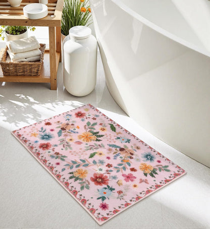 Bath Mats for Bathroom, Cute Pink Bathroom Rugs, Modern Ultra-Soft Non-Slip Bath Rug, Machine Washable Farmhouse Floral Toilet Rug for Sink Shower Door Mat, 18x26 inch