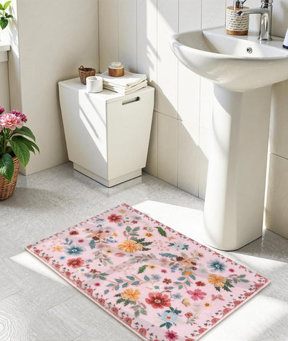 Bath Mats for Bathroom, Cute Pink Bathroom Rugs, Modern Ultra-Soft Non-Slip Bath Rug, Machine Washable Farmhouse Floral Toilet Rug for Sink Shower Door Mat, 18x26 inch