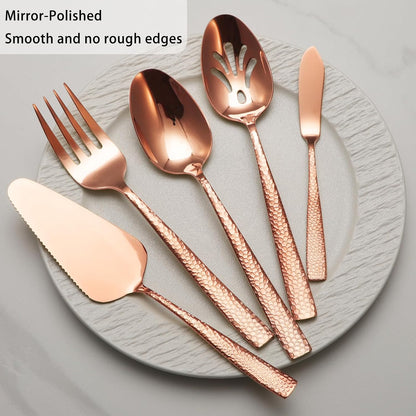 Large Hostess Serving Utensils Set, Stainless Steel Heavy Duty Hammered Serving spoons, Slotted Spoons, Serving Fork, Cake Server, Butter Knife, Dishwasher Safe（Rose Gold）
